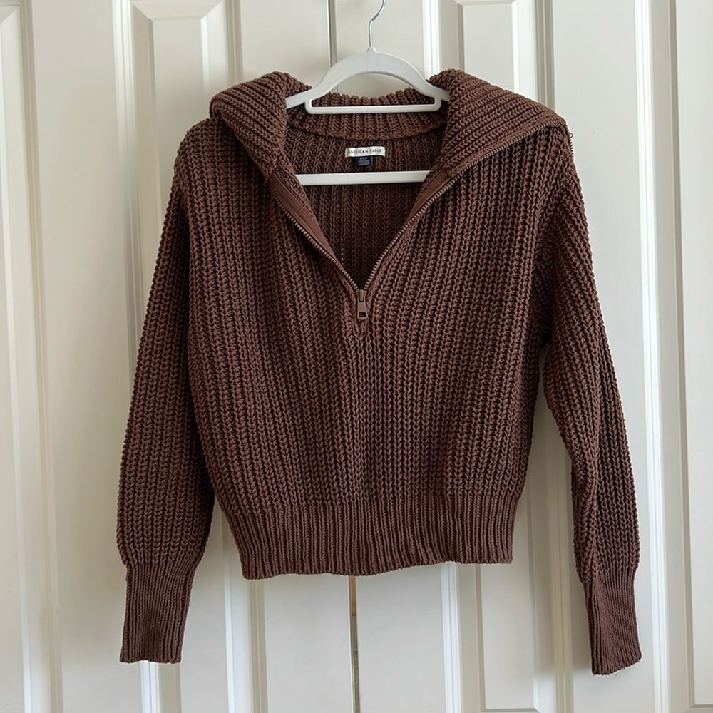 American Eagle Outfitters Brown Half-Zip Chunky Knit Sweater